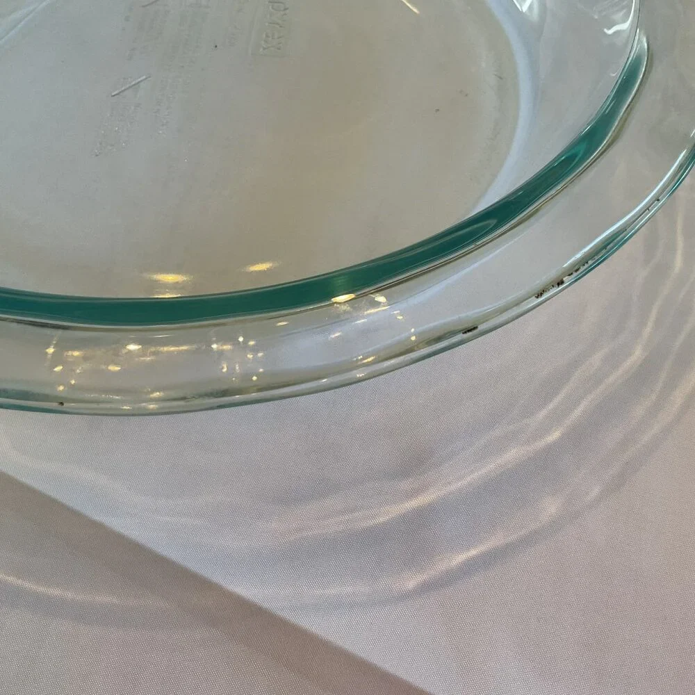 Vintage Pyrex 9.5” Round Fluted Pie Plate |  Retro Clear Glass Green Tint |  USA